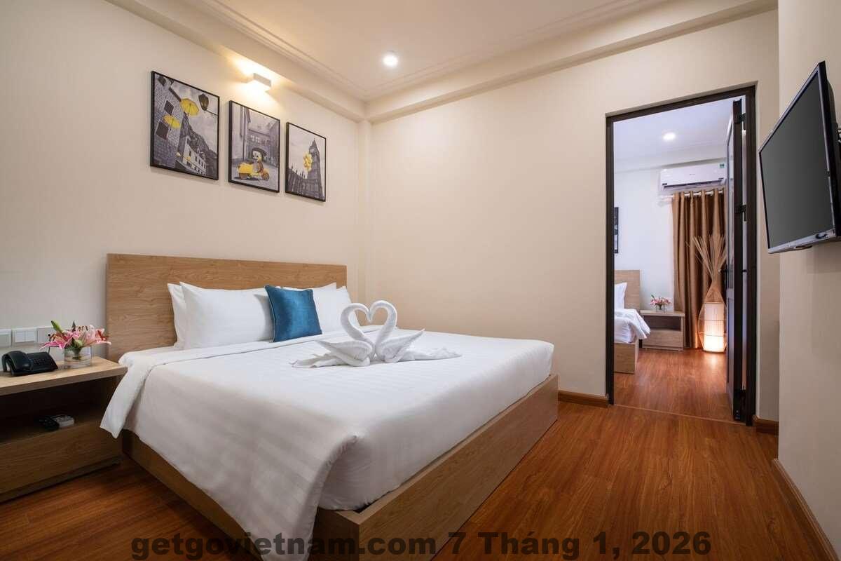 Phòng nghỉ tại Hanoi Gatsby Hotel có diện tích vừa phải, nội thất đơn giản, phù hợp du lịch ngắn ngày