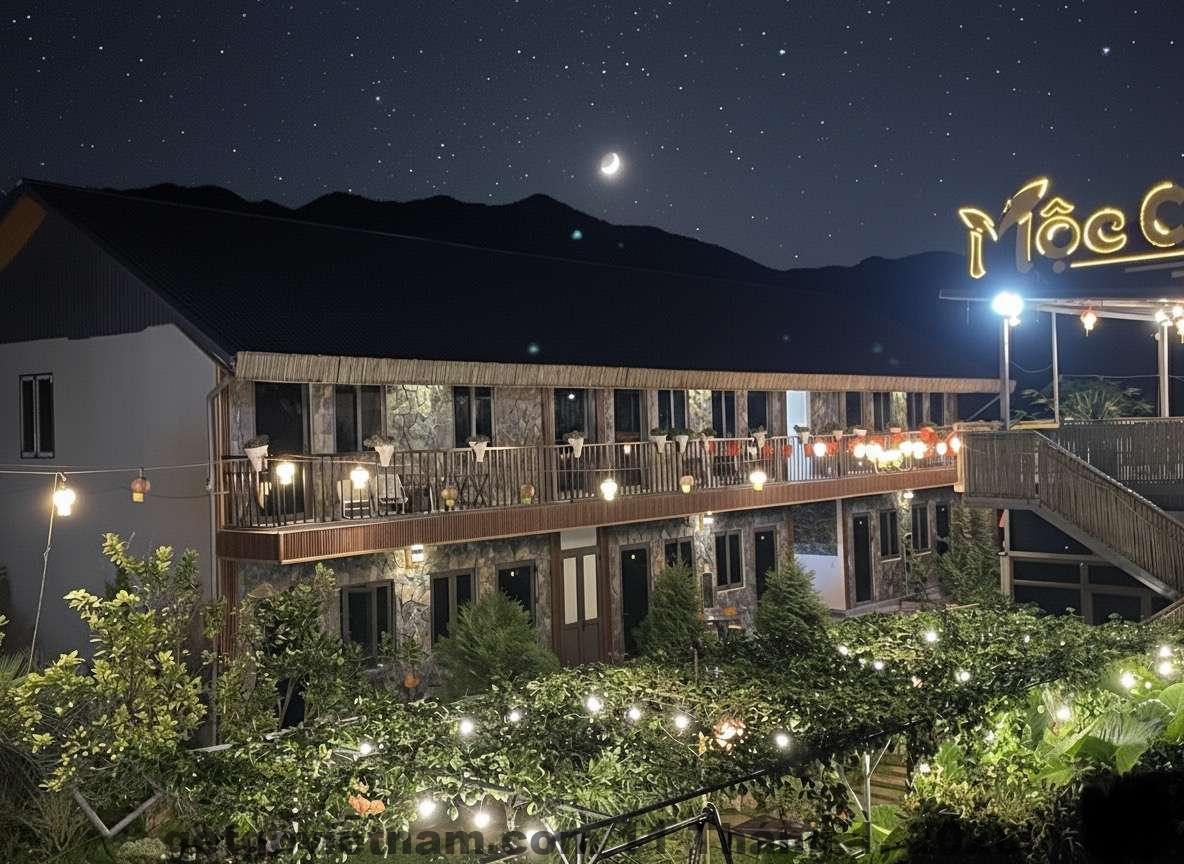 Khách sạn TherHouse Mộc Châu nhìn từ bên ngoài, thiết kế hiện đại nằm ngay trung tâm thị trấn