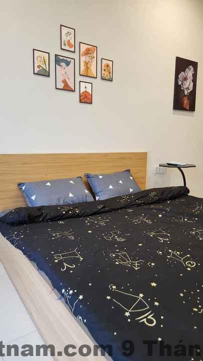 Không gian phòng studio gọn gàng với giường lớn, điều hòa và khu bếp nhỏ