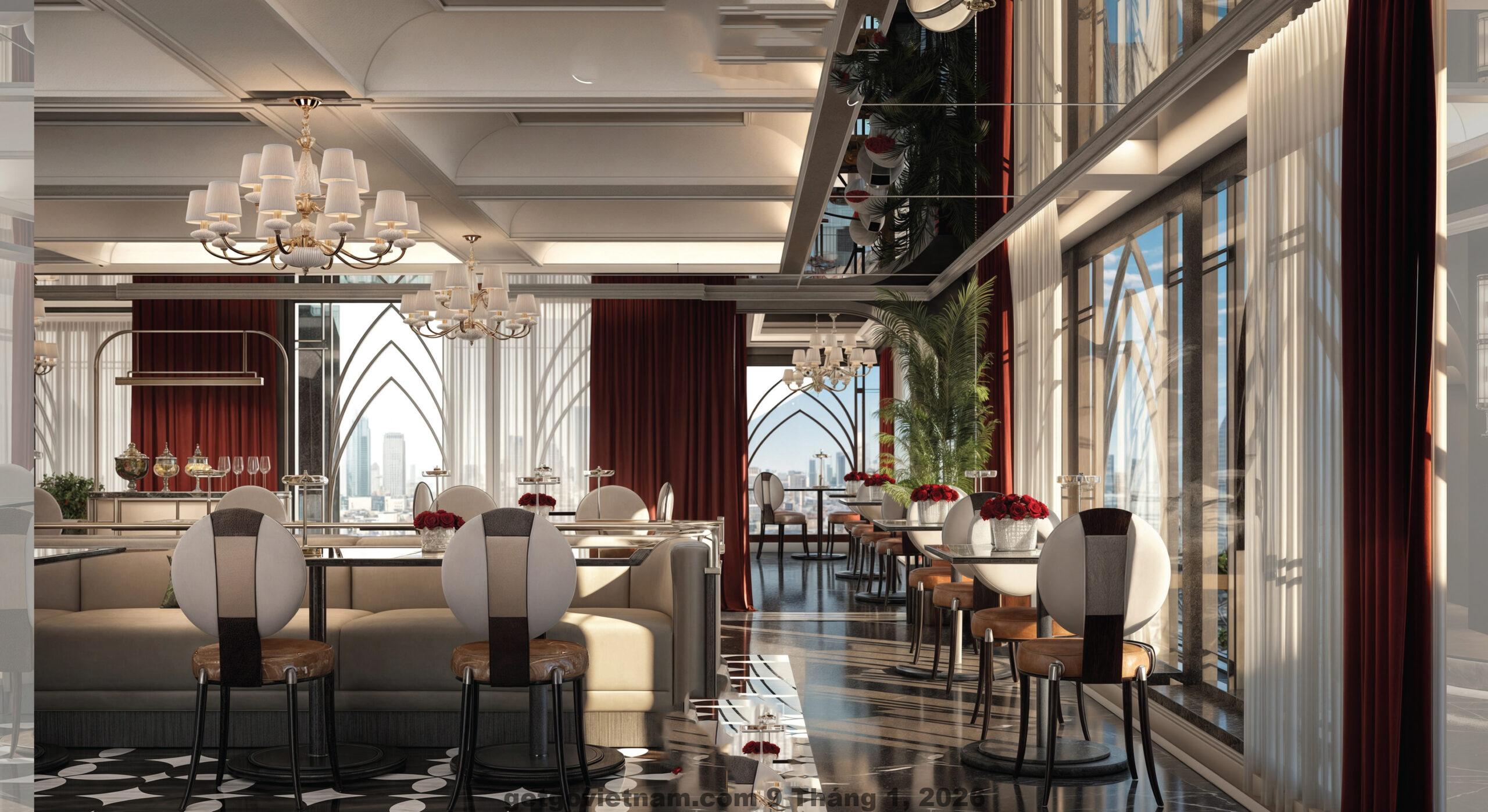 Nhà hàng tầng cao Heritage Ham Long Hotel & Spa phục vụ buffet sáng quy mô nhỏ, gọn gàng