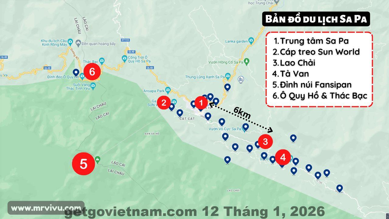 Bản đồ du lịch Sa Pa cho thấy khu Cầu Mây nằm sát quảng trường trung tâm