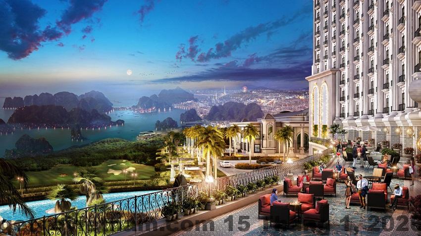 FLC Grand Hotel Hạ Long về đêm với view vịnh và thành phố Hạ Long
