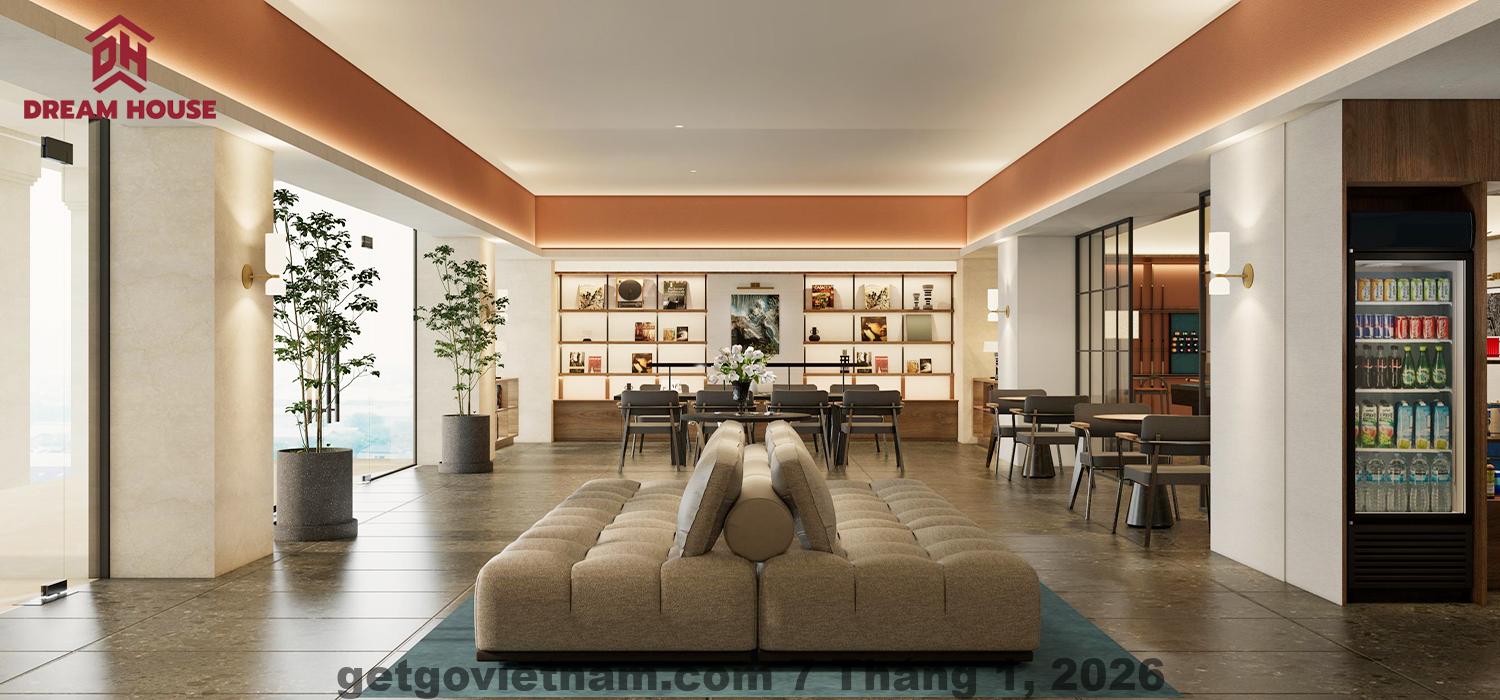 Không gian sinh hoạt chung và làm việc tại M Village Hotel Thợ Nhuộm