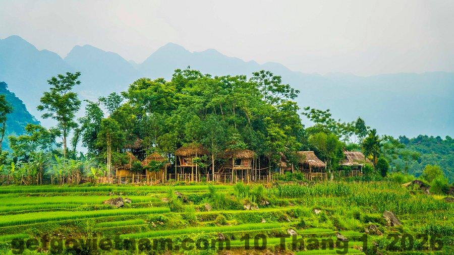 Khu vực sinh hoạt chung tại Pu Luong Home với nhân viên hỗ trợ khách thân thiện