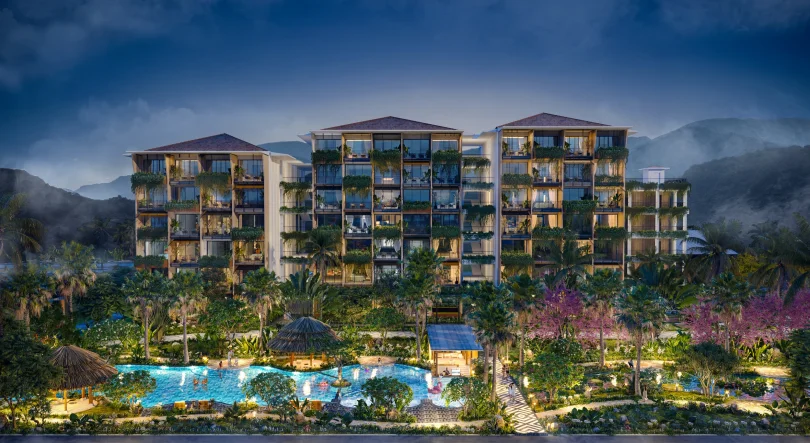 Toàn cảnh khu lưu trú Khách Sạn Hoa Viên Kim Bôi với kiến trúc đơn giản và không gian mở