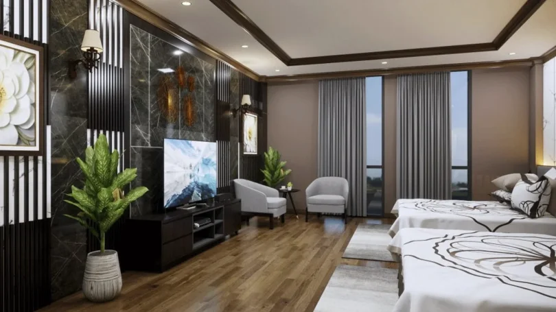 Phòng Deluxe Diamond Hotel Vân Đồn với giường lớn, cửa sổ rộng và nội thất hiện đại